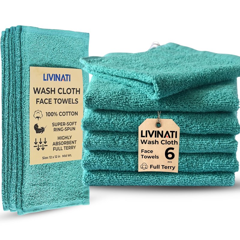 LIVINATI Turquoise 100% Cotton Wash Cloths for Showering Body and Face - 12"X12" 6 Pack Washcloths - Small Terry Towel Bath Rags for Adults and Kids Bathroom - Soft Absorbent