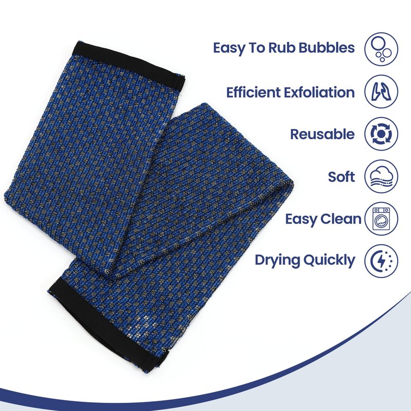 Japanese-style exfoliating bath towel and towel set (2 pieces) - loofah, durable and quick-drying, extra-long design, skin-friendly material, mesh design, suitable for all skin types - 1 blue, 1 black