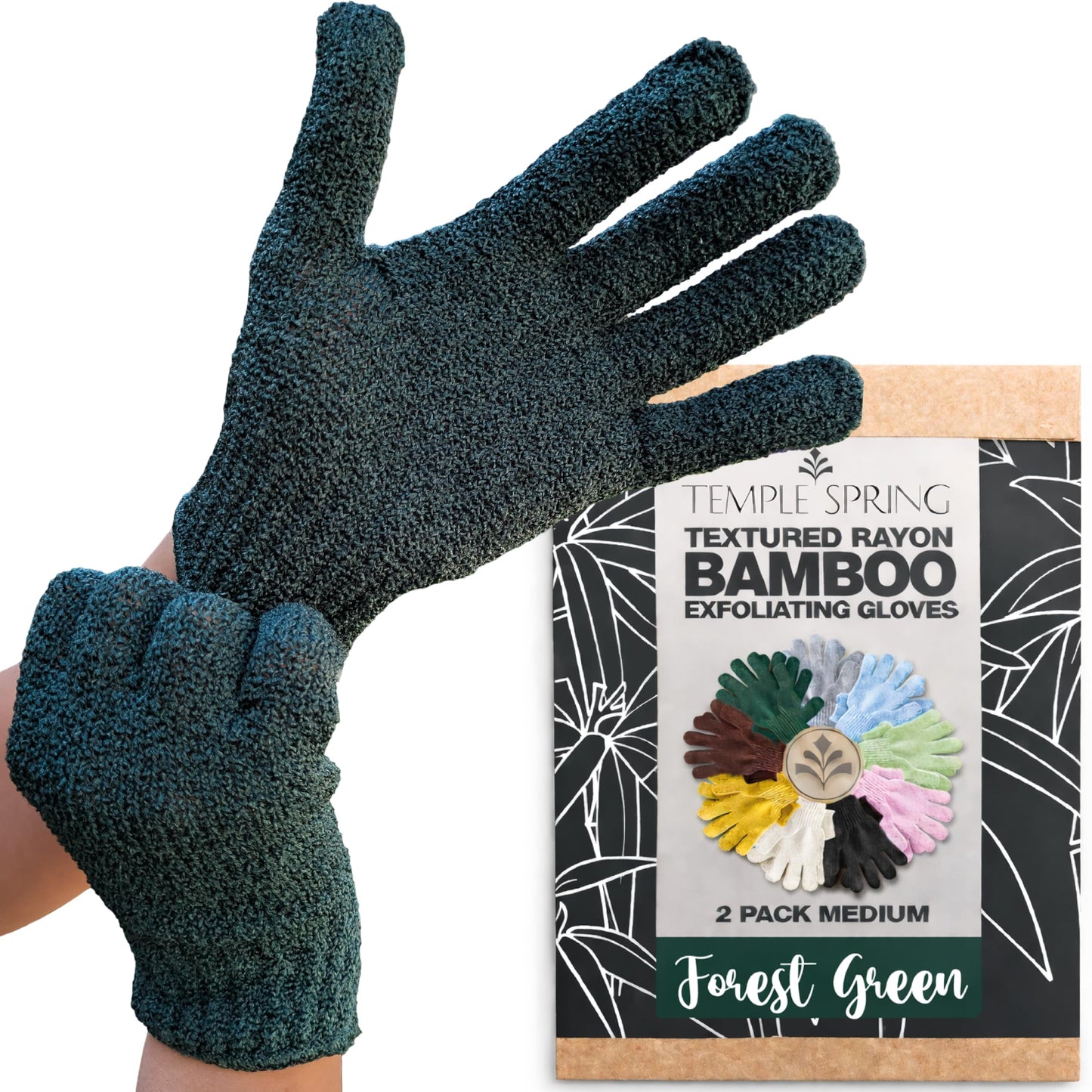 Temple Spring Shower Gloves Exfoliating for Women – Natural Textured Rayon Bamboo Exfoliating Glove with Thicker Weave for Deep Cleansing, Dead Skin Removal & Smooth Radiant Skin (1 Pair,Forest Green)