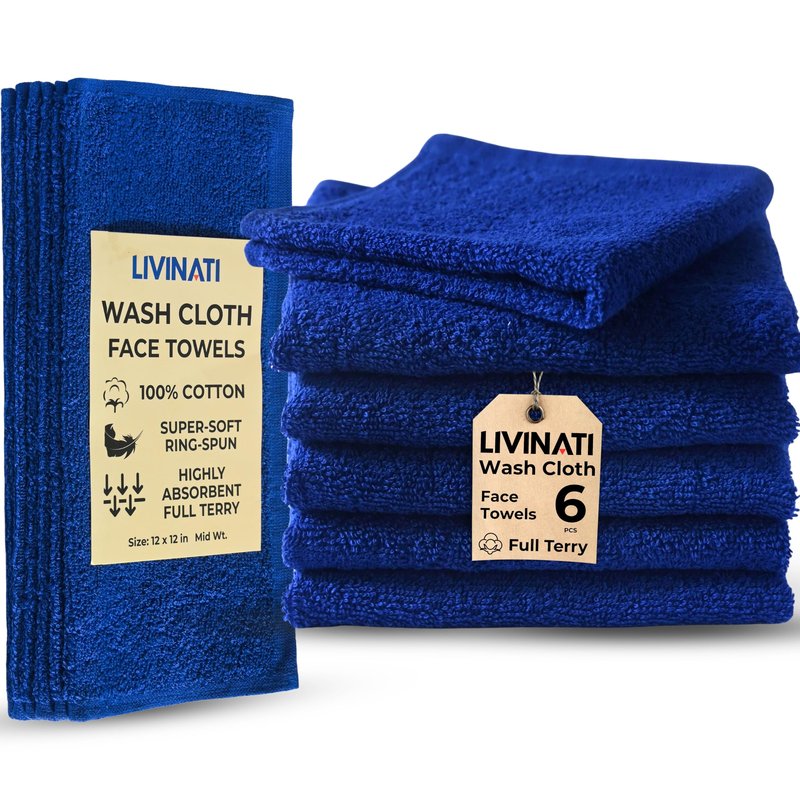 LIVINATI Navy Blue 100% Cotton Wash Cloths for Showering Body and Face - 12"X12" 6 Pack Washcloths - Small Terry Towel Bath Rags for Adults and Kids Bathroom - Soft Absorbent