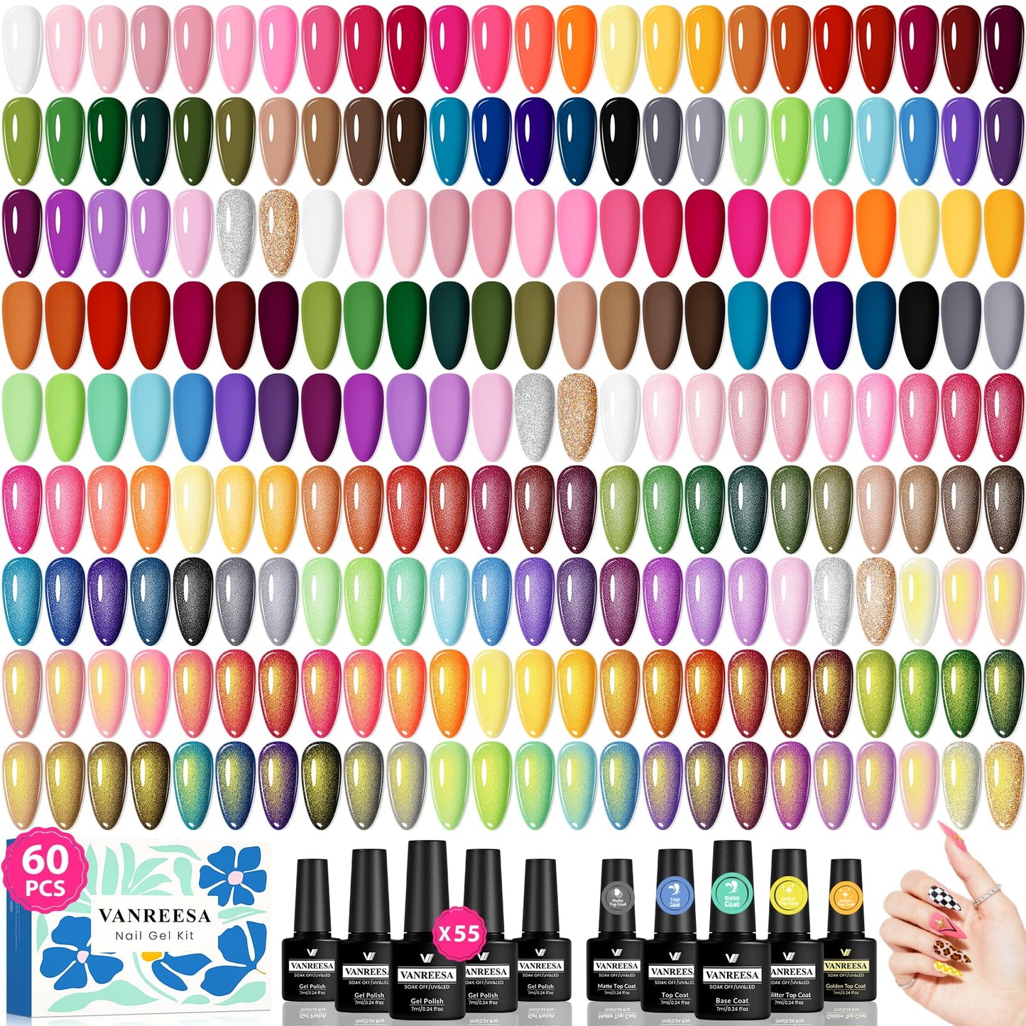 VANREESA 60 Pcs Gel Nail Polish Set, 55 Colors Gel Polish with Base Coat & 4 Effects Top Coat Full-Color Nail Polish Set All Seasons Nail Kit Gifts for Women Girls Nail Salon at Home