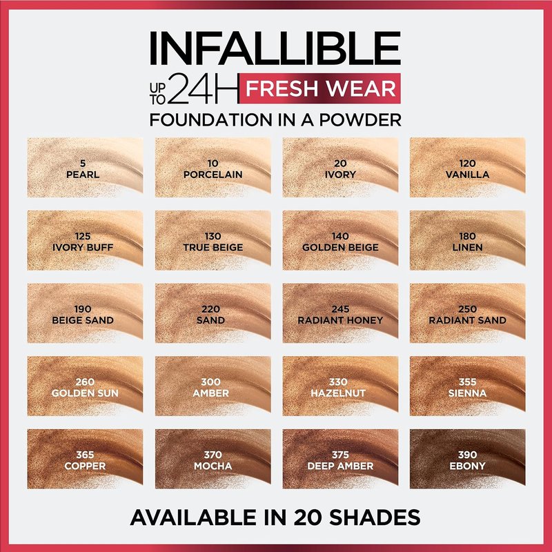 L'Oreal Paris Infallible Fresh Wear Powder Foundation - Waterproof, 24H Wear, Beige Sand, 0.31 oz.
