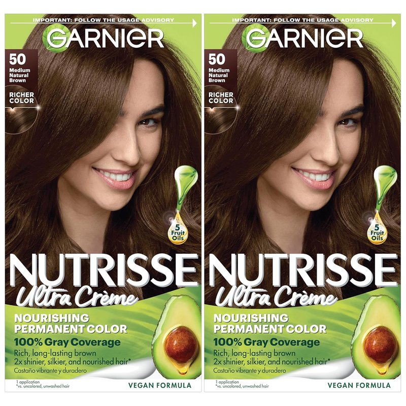 Garnier Nutrisse Ultra Crème Hair Color - Permanent Vegan Hair Dye for 100% Gray Coverage | 50 Medium Natural Brown (Truffle), 2 Count