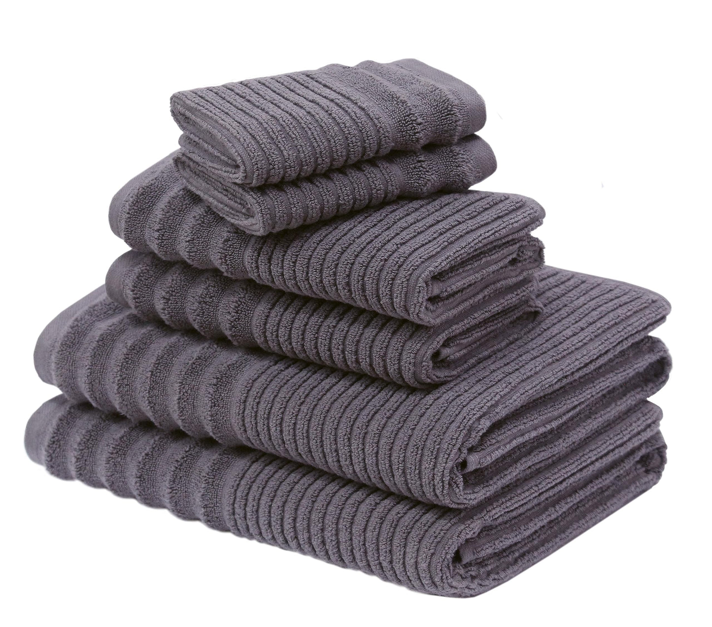 COTTON CRAFT 6 Piece Towel Set - 100% Cotton Plush 600 GSM Sculpted Super Zero Twist Pleated Ribbed Bathroom Towel Set - Soft Absorbent Luxury - 2 Bath Towel, 2 Hand Towel, 2 Washcloth - Charcoal Grey