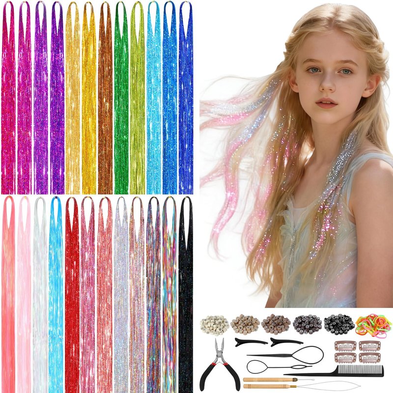 Revahope 8400 STRANDS Hair Tinsel Kit for Girls, 24 Colors 48 Inches Fairy Hair Tinsel Kit Heat Resistance Colorful Glitter Hair Extensions with Tools for Party Concert