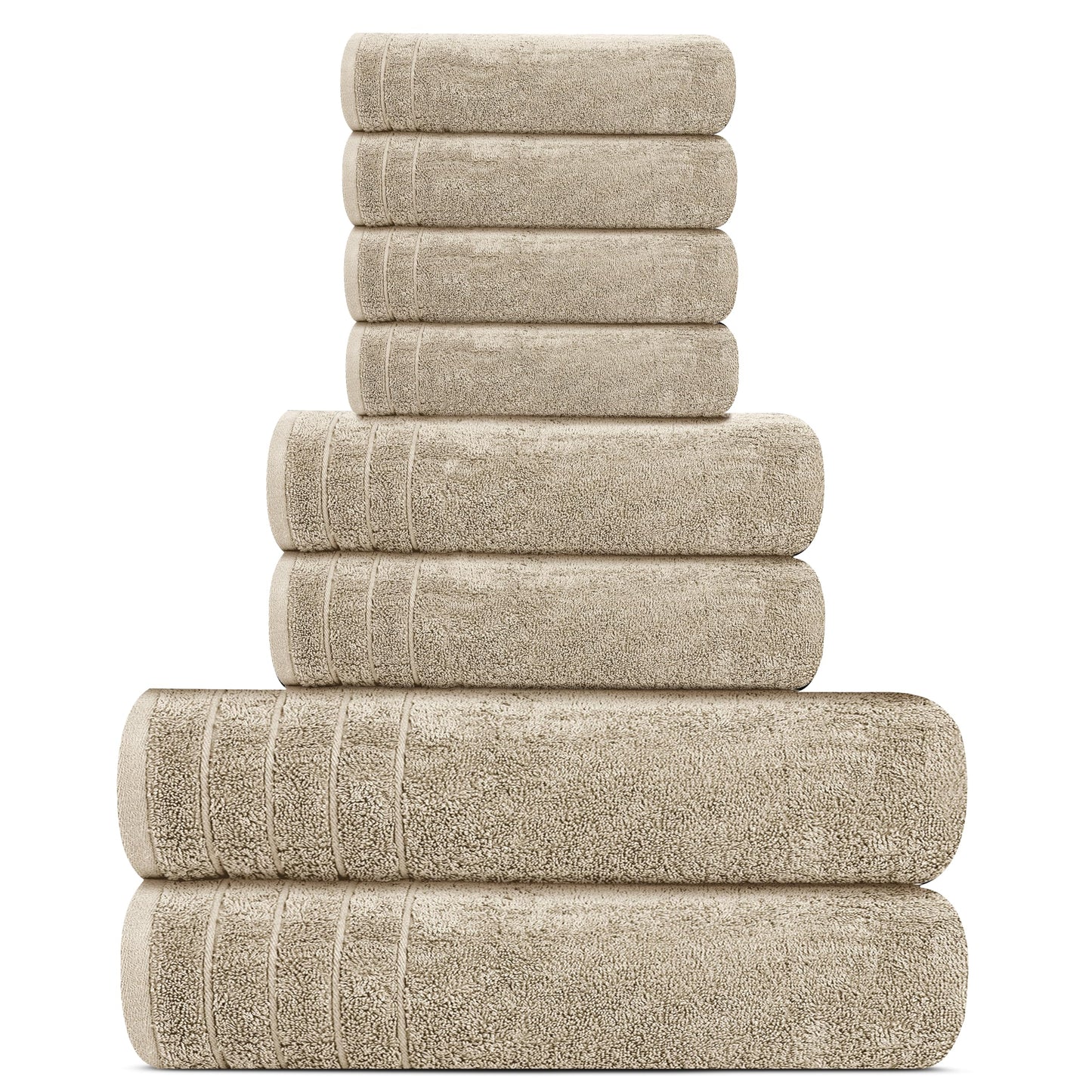 Tens Towels Pack of 8 Towels Set, 2 Extra Large Bath, 2 Hand, 4 Washcloths, 100% Cotton, Lighter Weight, Quicker to Dry, Super Absorbent, Perfect for Bathroom, Beige