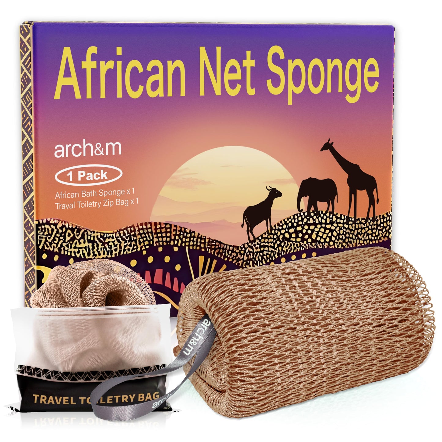 ARCH&M Afroscrub African Net Sponge - Authentic African Wash Cloths Exfoliating Body Sponges for Showering Daily Use Back Scrubber Exfoliator Shower Loofah for Body Bath Accessories Champagne