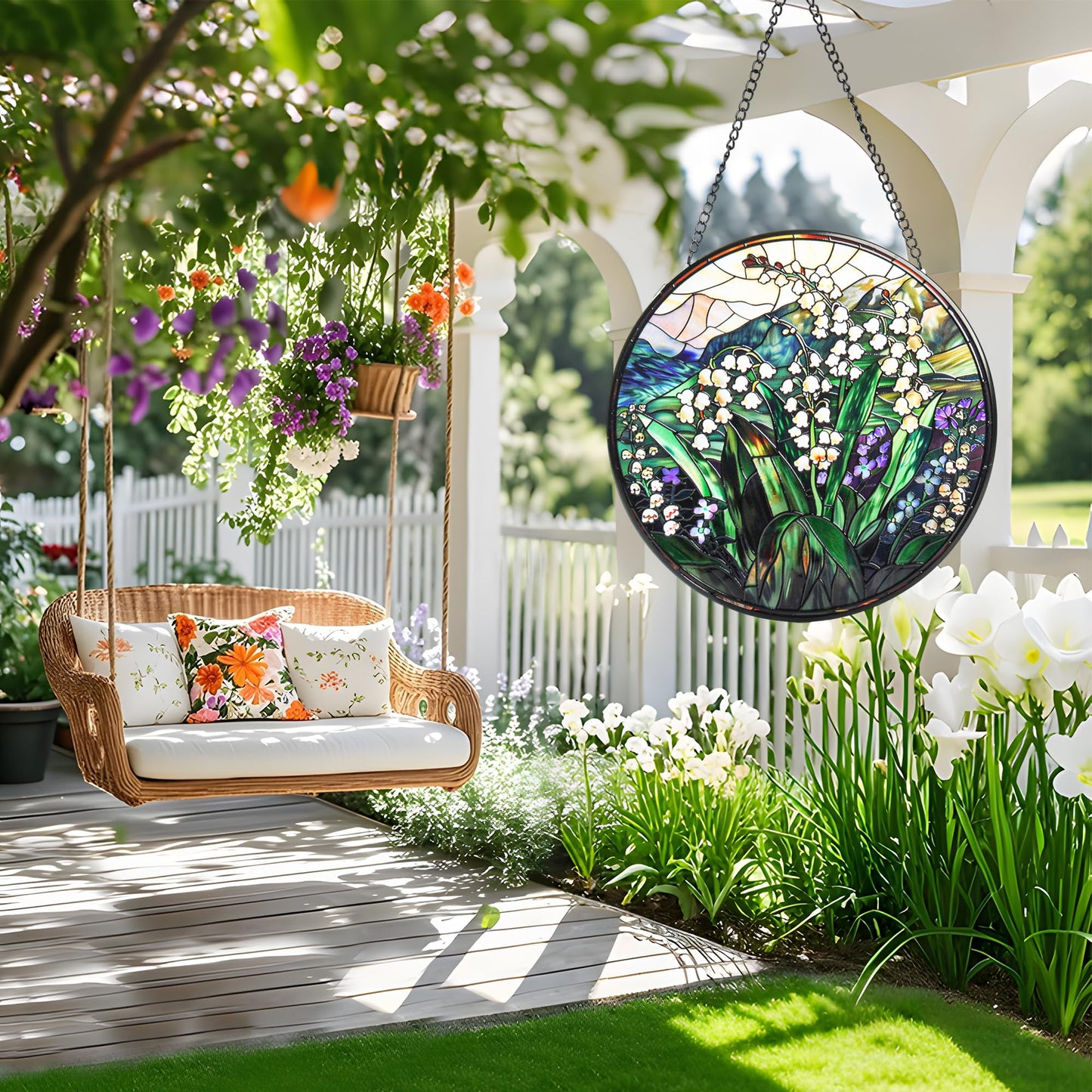 Staied Glass Window Hanging, White Green Lily Sun Catcher for Door Terrace Garden Kitchen Home Decor, Plants Flowers Suncatchers for Christmas Mother's Day Birthday Gift for Women Men Mom Nana 9.8 in