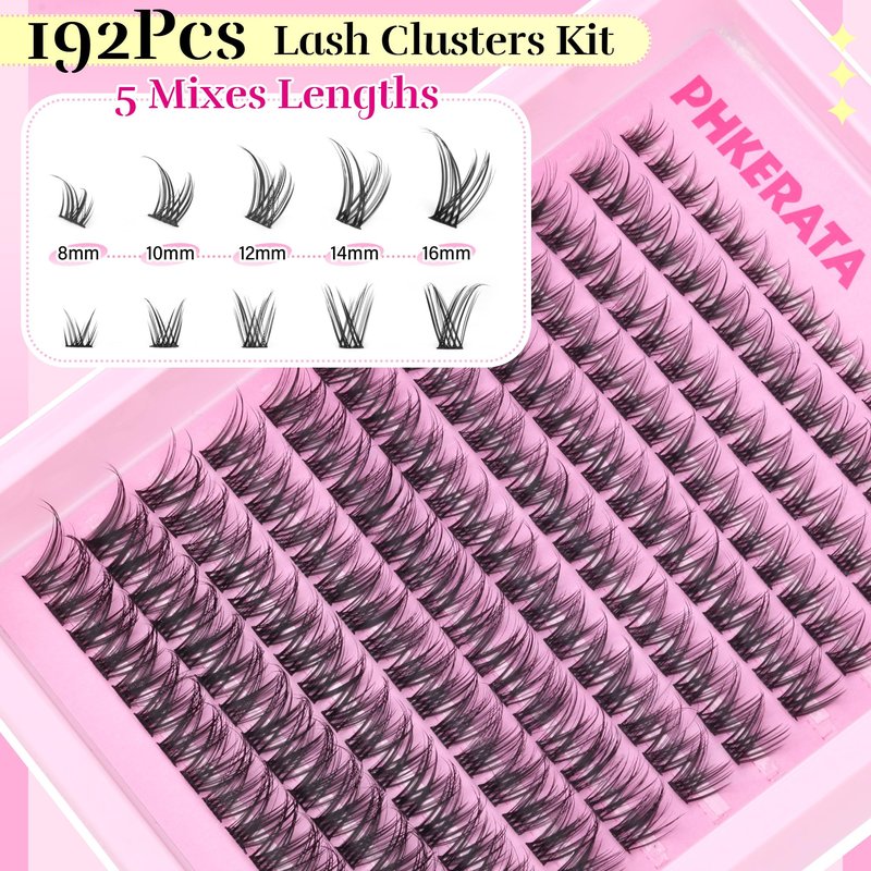 PHKERATA Wispy Lash Clusters Kit Natural Lash Extension Kit 192 pcs Cluster Eyelash Extension Kit DIY Individual Lashes Lashes with Lash Glue Bond and Seal Tweezers Soft Eyelash Clusters, 8-16 mm