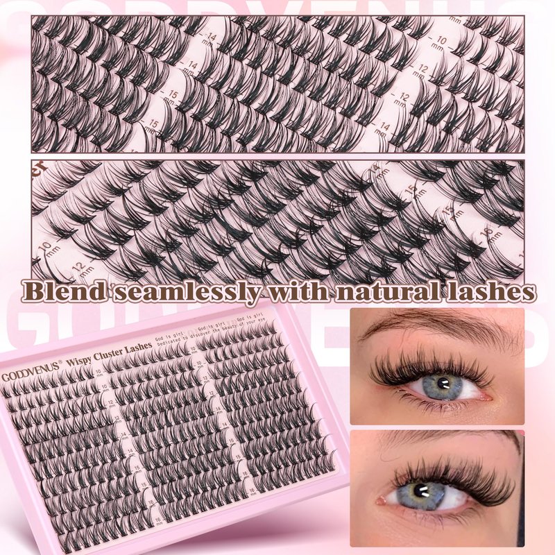Goddvenus Eyelash Extensions Wispy Natural DIY C Curl Individual Lashes Clusters Black 10-16mm 300pcs