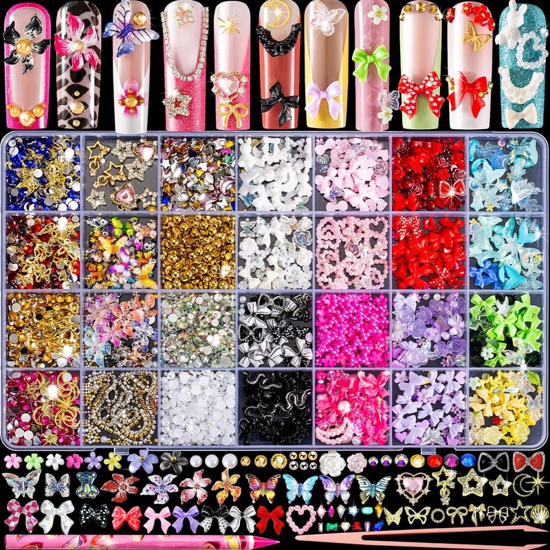 3D Nail Charms & Gems - 8000pcs Cute Rhinestones for Nail Art | Butterfly, Bow, Moon, Star, Flower Designs