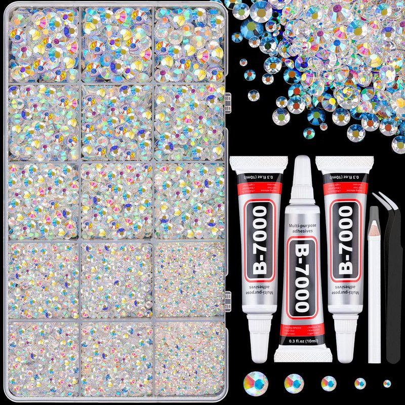Resin Jelly Rhinestones - 16000 Pcs Transparent AB Flatback Gems | Includes 3 Pcs 10ml B7000 Jewelry Glue for DIY Crafts