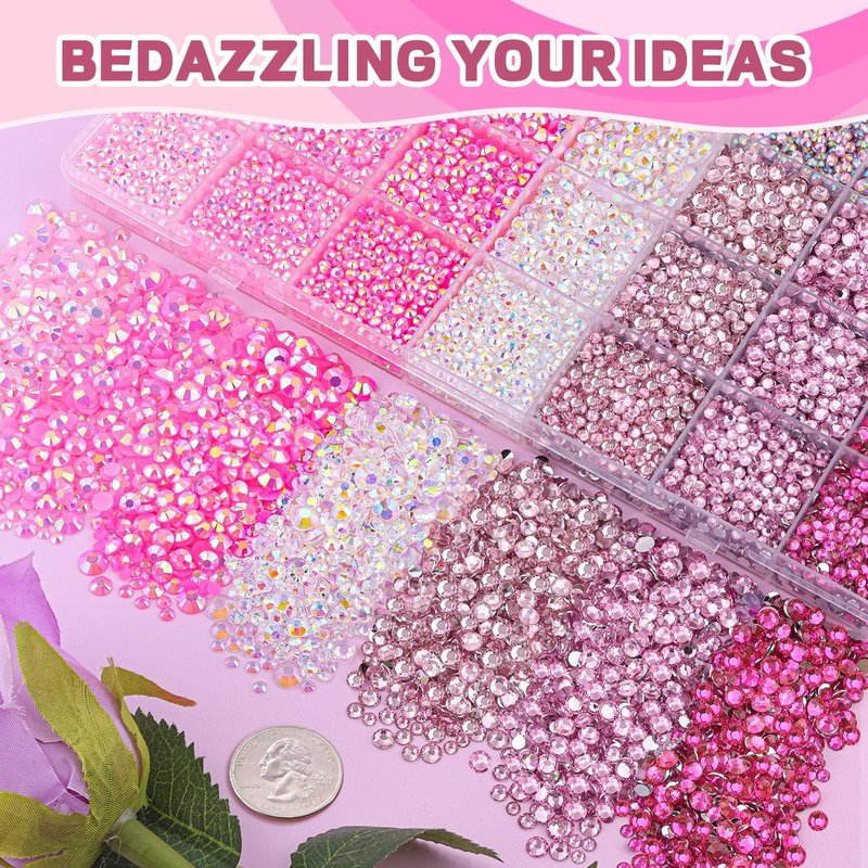 Skiennix 20000 Pcs Pink Rhinestones - Bedazzling Kit with B7000 Glue for DIY Crafts & Nail Art | Assorted Sizes 3-6mm