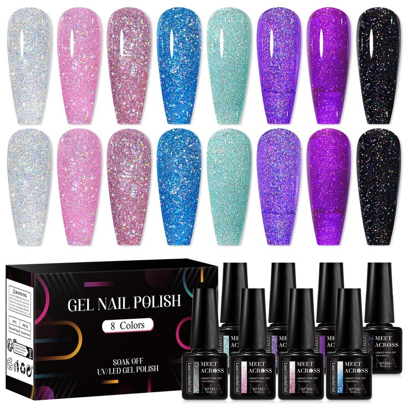 MEET ACROSS Glitter Gel Nail Polish Set for Nails 8 Colors Including Sparkly Shiny UV LED Soak Off Black Purple Pink Blue Gel Polish Kit Home DIY Manicure Nail Salon Varnish
