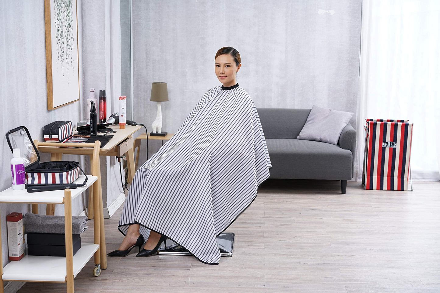 SMARTHAIR Professional Salon Cape Polyester Barber cape Hair Cut Cape,57”x66.8”,Black and White Stripes,C250023B-L