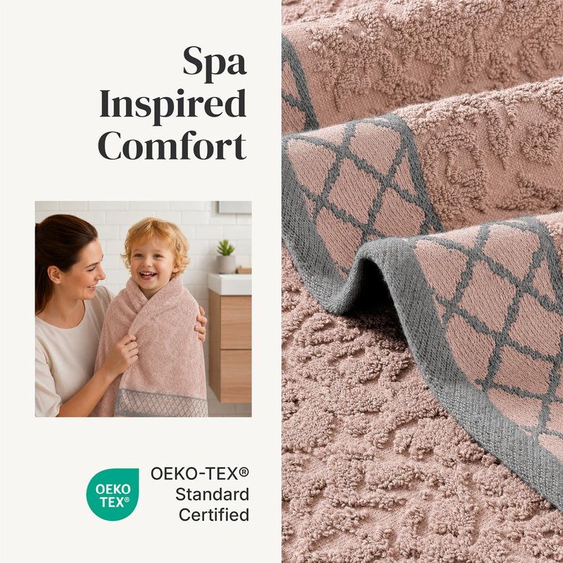 Modern Threads 6 Piece Cotton Bath Towel Set – Ultra Soft 550 GSM Towels – Bathroom Set with Hand Towels and Washcloths – Diamond Border (Blush)