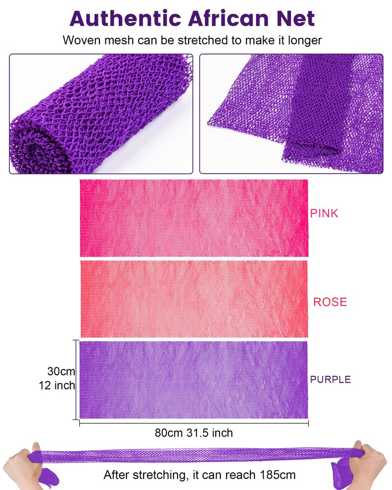 MTDLYICE African Net Sponge 3 Pack, Back Scrubber for Shower, XL 80CM Exfoliating Washcloth, African Net Sponge Authentic, Body Scrubber exfoliator Bath Accessories (Pink,Red,Purple)