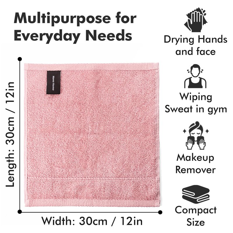 Novo Home Face Towels Pack of 12 – 100% Cotton Wash Cloths (12x12 inch) – Soft, Quick Dry & Highly Absorbent Hand Towels for Bathroom, Spa, Gym, Kitchen and for Daily Use - (Baby Pink)
