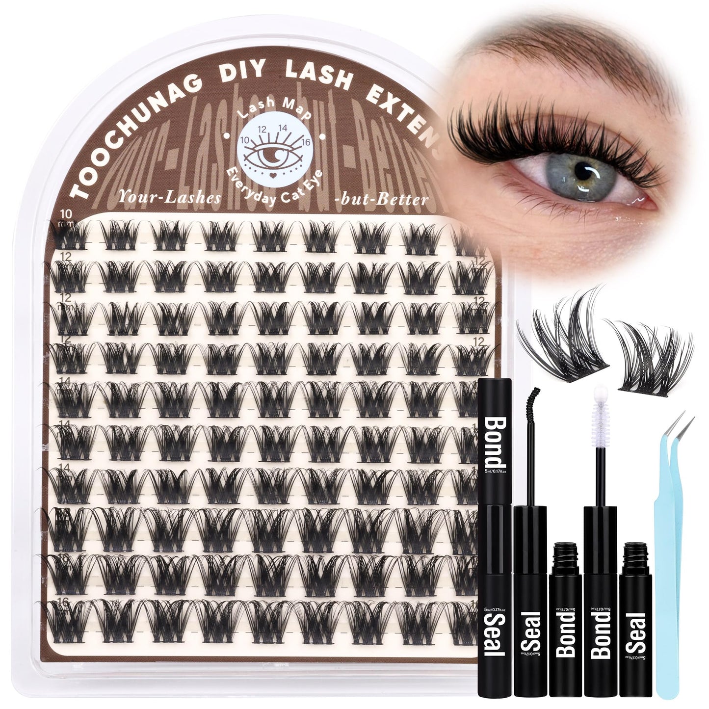 TOOCHUNAG Lash Extension Kit Wispy Lash Clusters Kit Thin Band Cluster Eyelash Extensions Kit Natural Individual Eyelashes Kit DIY Cluster Lashes with Lash Bond and Seal and Tweezers (10-16mm-D)