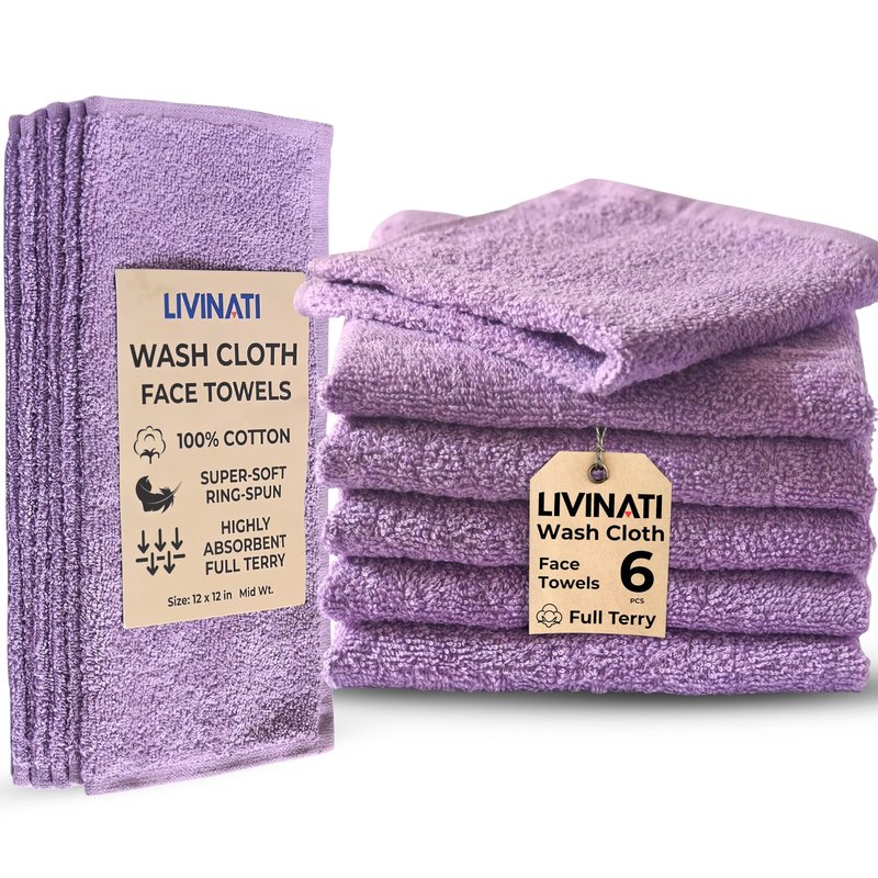 LIVINATI Lavender 100% Cotton Wash Cloths for Showering Body and Face - 12"X12" 6 Pack Washcloths - Small Terry Towel Bath Rags for Adults and Kids Bathroom - Soft Absorbent
