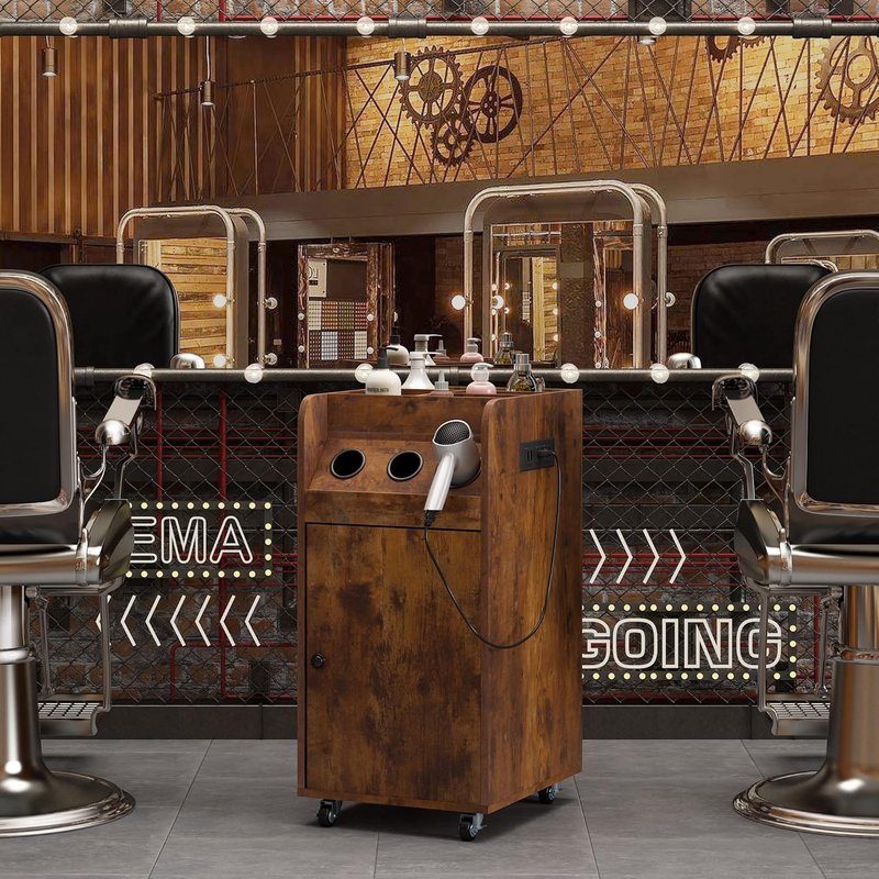 RESHABLE Salon Trolley Cart - Sturdy Rustic Brown Design with Charging Station for Hair Stylists