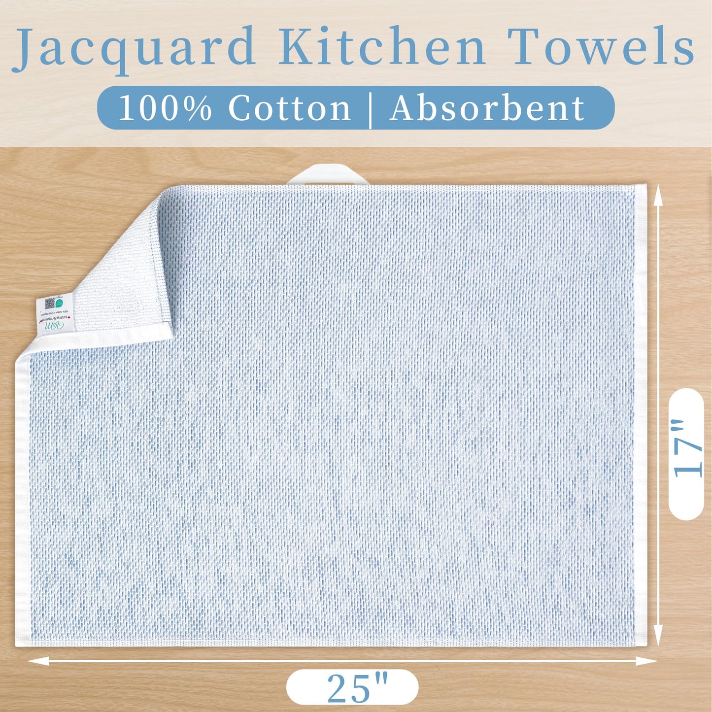 VOOVA & MOVAS Kitchen Towels Set of 4 (17"x25"), 100% Cotton Thick 450GSM | Absorption | Soft | Large, Dish Towels with Hanging Loop, Quick Dry Towel for Kitchen & Bathroom, Blue and White Jacquard