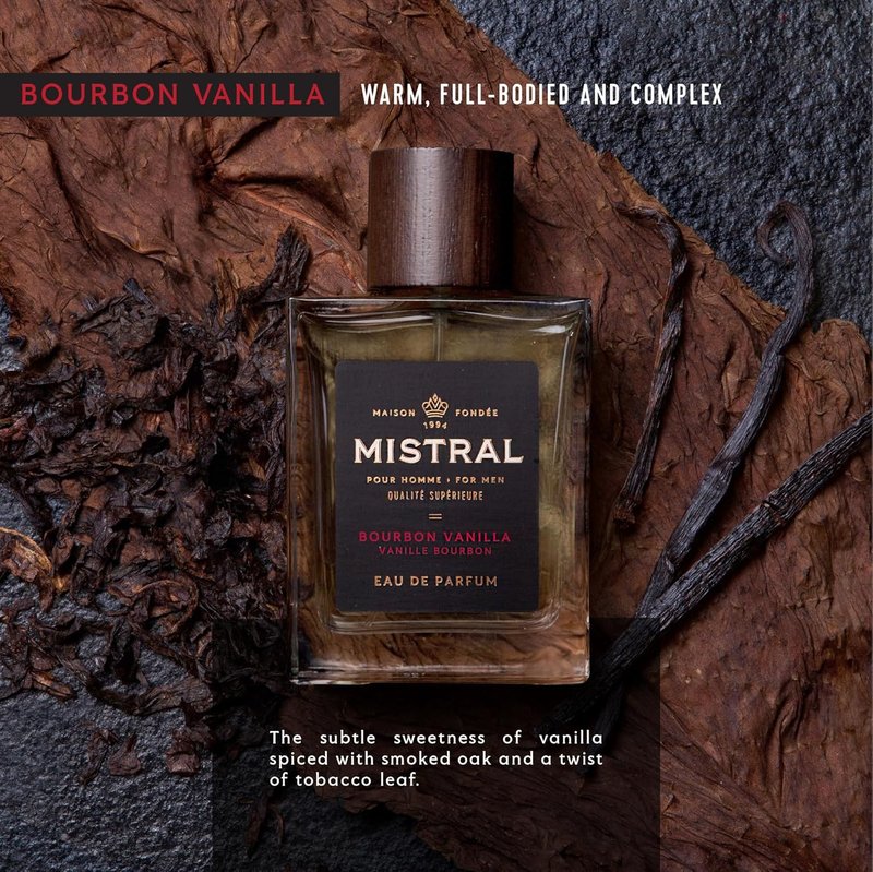Mistral Men’s Cologne - Bourbon Vanilla Eau de Parfum | Warm, Sweet Masculine Scent with Patchouli & Sandalwood | 3.4 Oz