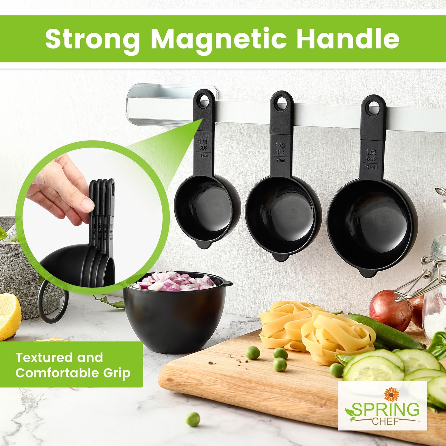 Spring Chef Magnetic Measuring Cups and Spoons Set of 9, Nesting Kitchen Tool with Easy to Read Markings for Measuring Dry or Liquid Ingredient, BPA Free, Black