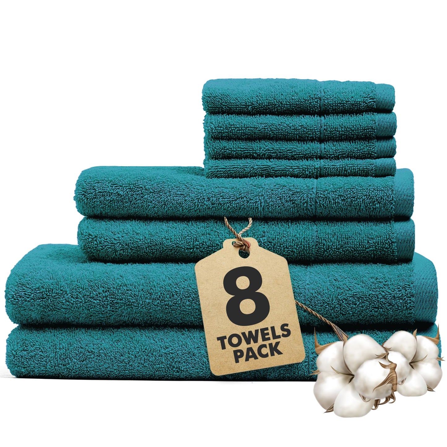 Novo Home Bath Towels Set of 8 – 100% Cotton (Teal) Bathroom Towel Set Bale Includes 2 Bath, 2 Hand, 4 Face Towels – Soft, Absorbent & Quick Dry Towel for Bathroom, Spa, Kitchen, Hotel Use