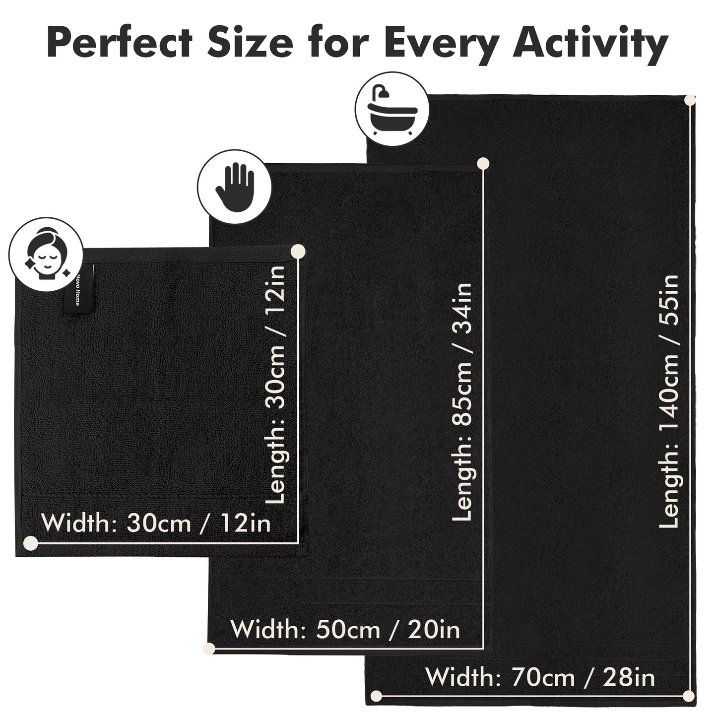 Novo Home Bath Towels Set of 8 – 100% Cotton (Black) Bathroom Towel Set Bale Includes 2 Bath, 2 Hand, 4 Face Towels – Soft, Absorbent & Quick Dry Towel for Bathroom, Spa, Kitchen, Hotel Use