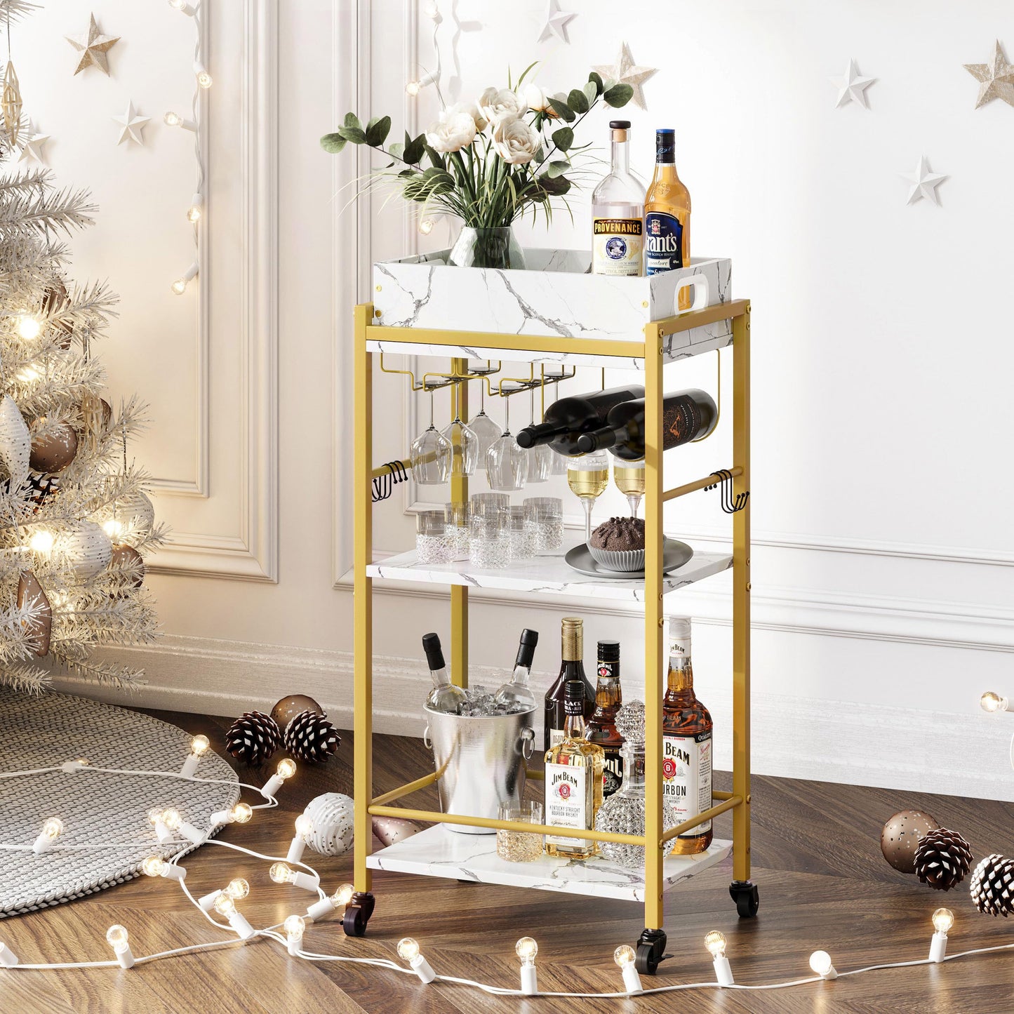 YAUKTAK 3-Tier Gold Bar Cart with Removable Tray, Small Bar Carts with Wheels, Rolling Beverage Cart, Drink Cart, Gold Wine Cart with Wine Rack for Kitchen, Living Room GBC513G