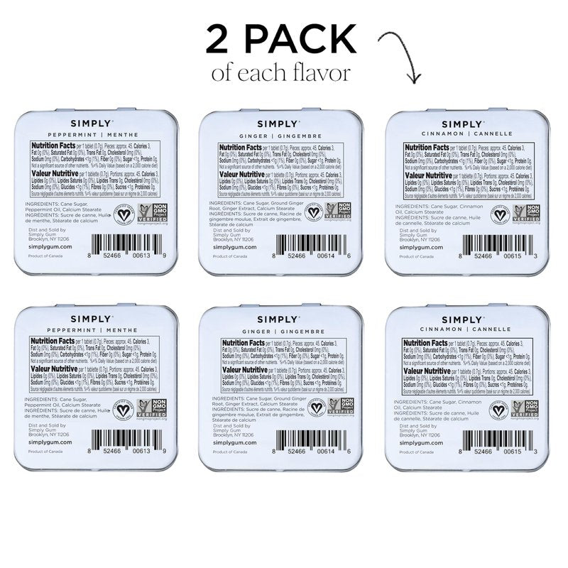 SIMPLY MINTS Natural Breath Mint Sampler, 6 Pack (180 Pieces), Made with Peppermint, Ginger, and Cinnamon Oils, Aspartame-Free, Sorbitol-Free, Xylitol-Free, Vegan, Kosher, Non-GMO