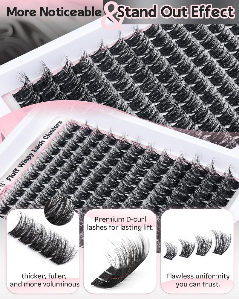 D Curl Fluffy Lash Clusters Kit | 144 PCS Thick Wispy Eyelashes, 10-18mm Natural Look, Waterproof DIY Extensions