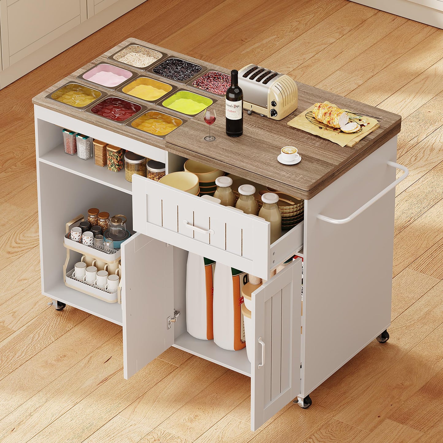 WLLPNG 47.2" Rolling Kitchen Island with Storage and 9 Stainless Steel Food Pans, Kitchen Island with Drawers and Foldable Prep Surface, Charcuterie Cart Island Table for Kitchen Party