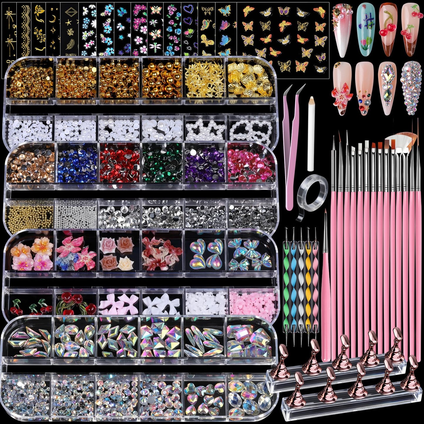 Teenitor 4 Boxes Nail Charms and Gems Set, Nail Rhinestones Nail Kit with Nail Art Brushes Nail Stand, Nail Gems Nail Design Tools with 15pcs Nail Stickers, Gold Nail Pearls for Women Nail Decorations