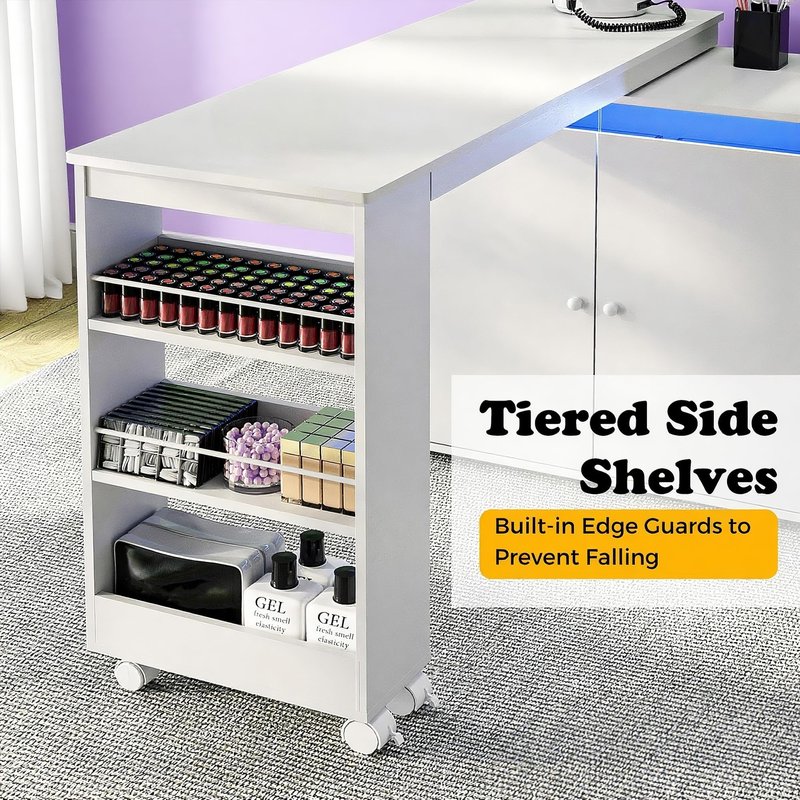 HolaiNail L-Shaped Manicure Table with Storage Cabinet, Drawer & Shelf, Rotating & Convertible Nail Tech Desk, Modern Nail Salon Table with LED Light, White