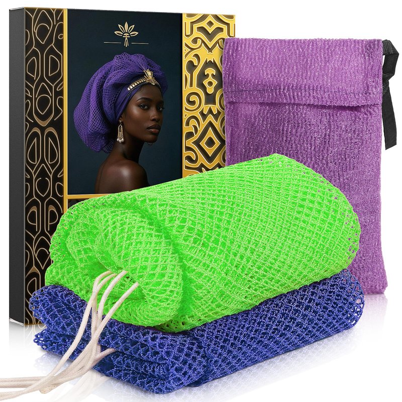 African Net Sponge 2 Pack - Deep Exfoliating Body Scrubber for Back & Full Body Care, Extra Long Loofah Alternative with Soap Bag, Double-Sided Exfoliation for Smooth Skin - Green, Blue & Purple