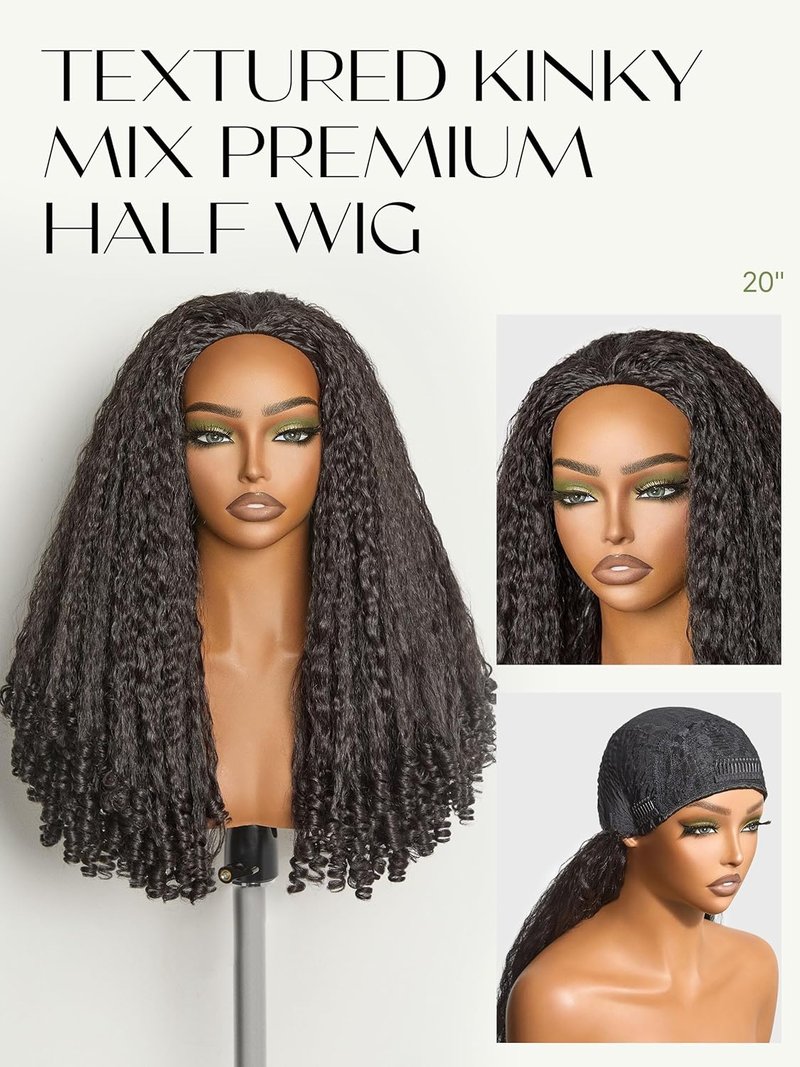 Frodio Kinky Curly Half Wig 20 Inches Veralux Fiber Blend Human Hair 3 in 1 Drawstring 200% Density Glueless Wig with Unique Bouncy Curl in the End, Natural Black Ready to Go Headband Wig for Women