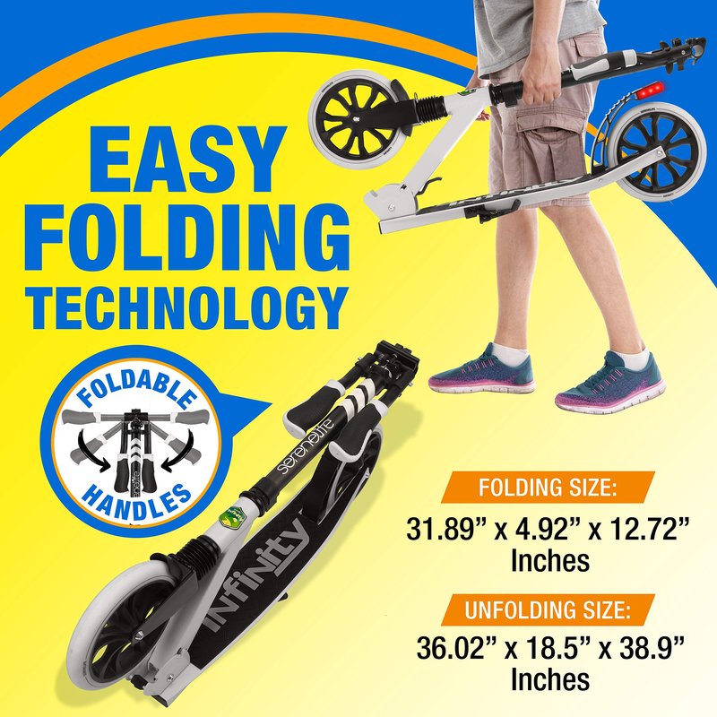 SereneLife Foldable Kick Scooter - Stand Kick Scooter for Teens & Adults with Rubber Grip at Tip, Alloy Deck, Adjustable T-Bar Handlebar Height, Smooth Gliding Wheels, Easy Maneuvering (Black & White)