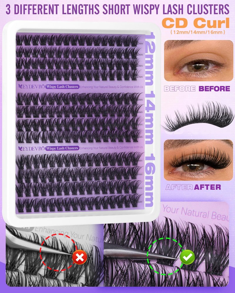 EYDEVRO Wispy Lash Clusters Natural Eyelash Clusters 12mm-14mm-16mm Cluster Eyelash Extensions pestañas postizas naturales CD Curl 192 Pcs Manga Lash Clusters Salon-quality DIY Lash Extensions