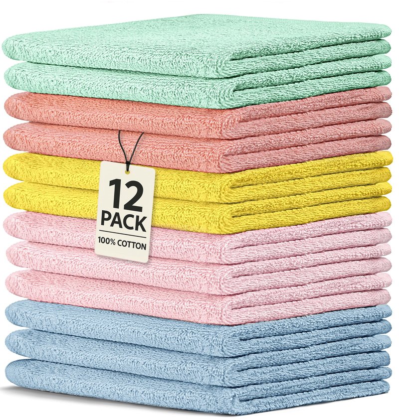Crystal Ridge Cotton Wash Cloths 12 Pack - Washcloths for Showering, Face and Body, Soft and Highly Absorbent Multipurpose Towels for Bathroom, Kitchen, Spa and Gym - Wash Rags 12 x12 (Pastel)