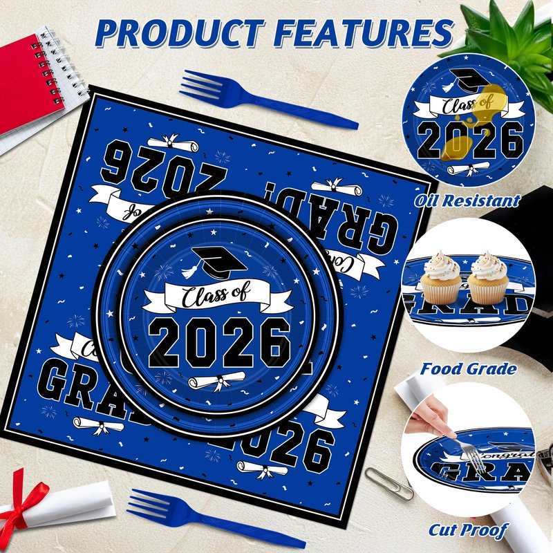 122 Pcs 2026 Graduation Decorations Serves 30, Graduation Party Plates and Napkins Set, Disposable Class of 2026 Grad Decorations, Blue Congrats Grad Paper Dinnerware Table Decor for Party