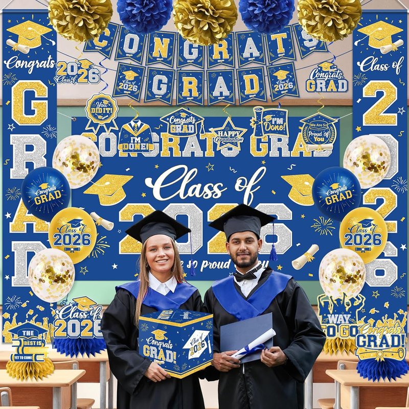 Graduation Decorations Class of 2026 - Blue & Gold Congrats Grad Set | Banner, Backdrop, Balloons & More