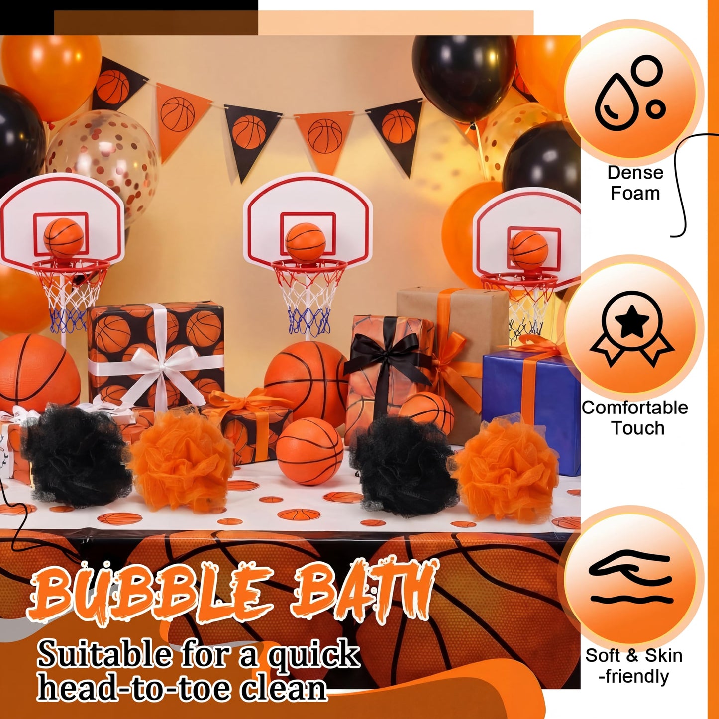 FuWeave 24 Pcs Bath Loofah Sponge Loofah Exfoliating Body Scrubber Shower Sponge 50g Mesh Pouf Balls Gift Basket for Baby Shower Women Men Bathing Accessories Wedding Gift Bucket(Orange,Black)