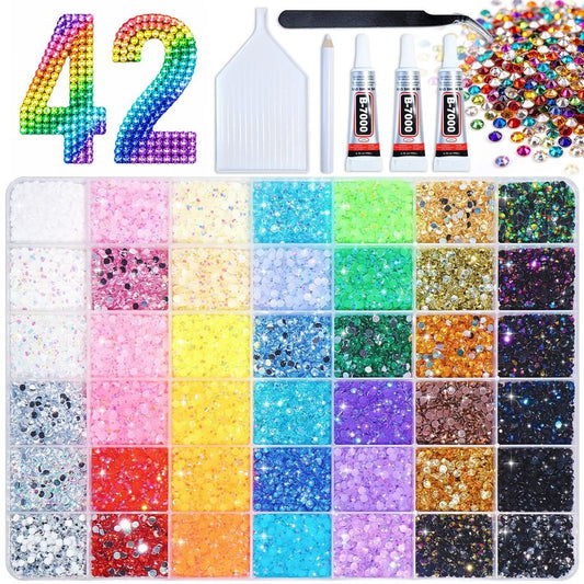 Bedazzling Kit 42 Colors, Bedazzler Kit with 42000Pcs Rhinestones, Tweezer, 3Pcs Jewelry Glue, Dotting Pen and Tray, 3mm Crystal Bedazzle Kits for Bedazzled Gems Nail Art Crafting
