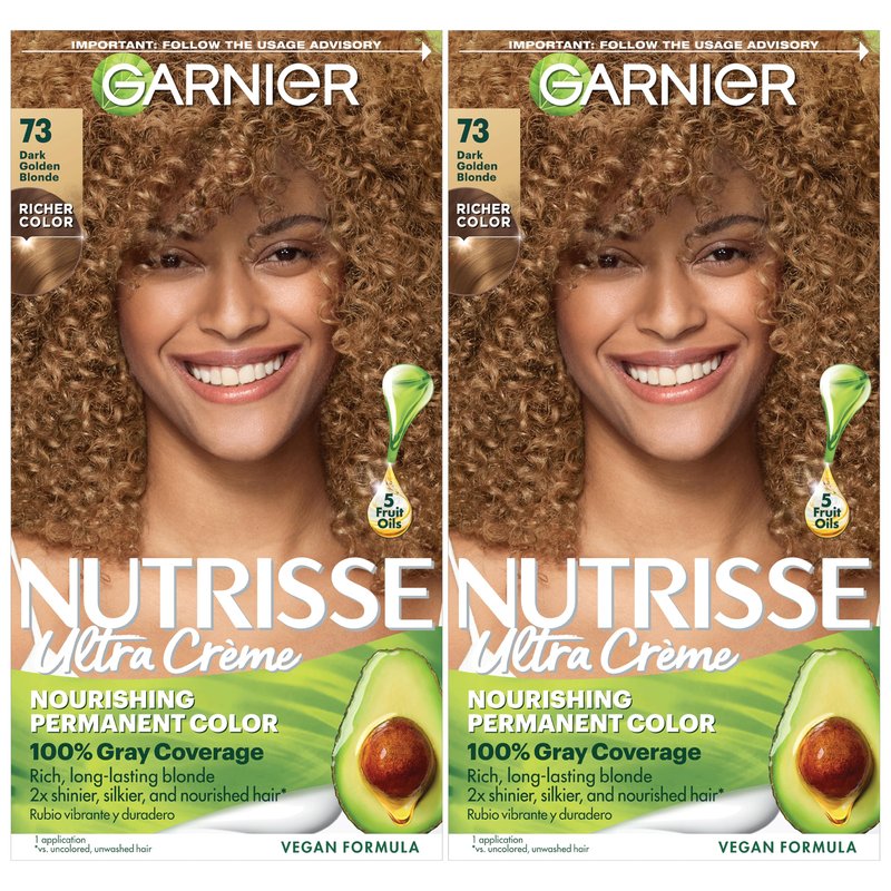 Garnier Nutrisse Ultra Crème Hair Color, Permanent Hair Dye with 100% Gray Coverage, Vegan & Cruelty-Free, 73 Dark Golden Blonde (Honey Dip), 2 Count