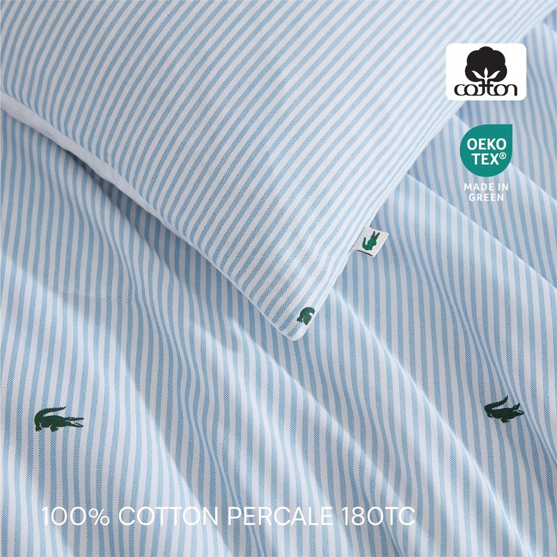 Lacoste Pinstripe Croc Comforter Set, 100% Percale Cotton 180TC, Breathable All Season Bedding with Embroidered Crocodile Logo, Blue, Twin