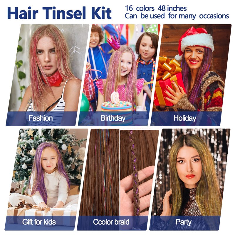 16 Colors Hair Tinsel Kit, ELASO 48 Inches 3300 Strands Tinsel Hair Extensions, Fairy for Christmas Halloween Cosplay Party, Highlights Sparkling Glitter Hair