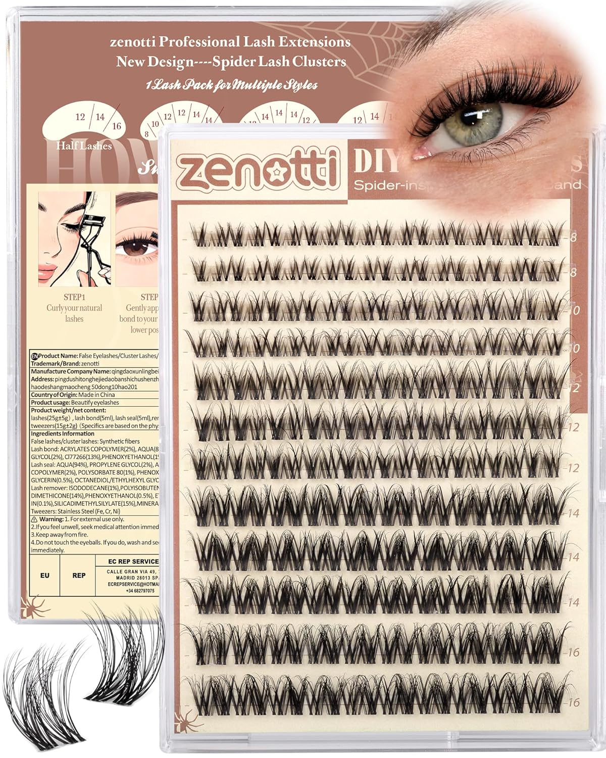 Zenotti Spider Lash Clusters - Wispy Eyelash Extensions for Natural Look | DIY 8-16mm Individual Lashes
