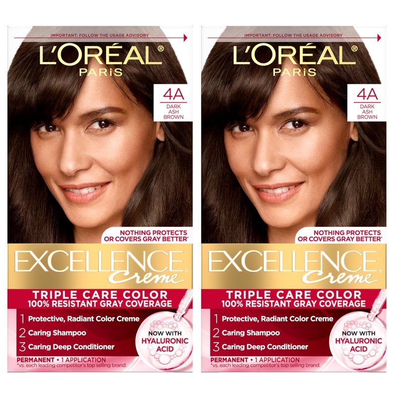 L'Oreal Paris Excellence Crème Permanent Hair Dye, Triple Care Hair Color with Hyaluronic Acid for 100% Gray Coverage, 4A Dark Ash Brown, 1 Kit (Pack of 2) (Packaging May Vary)